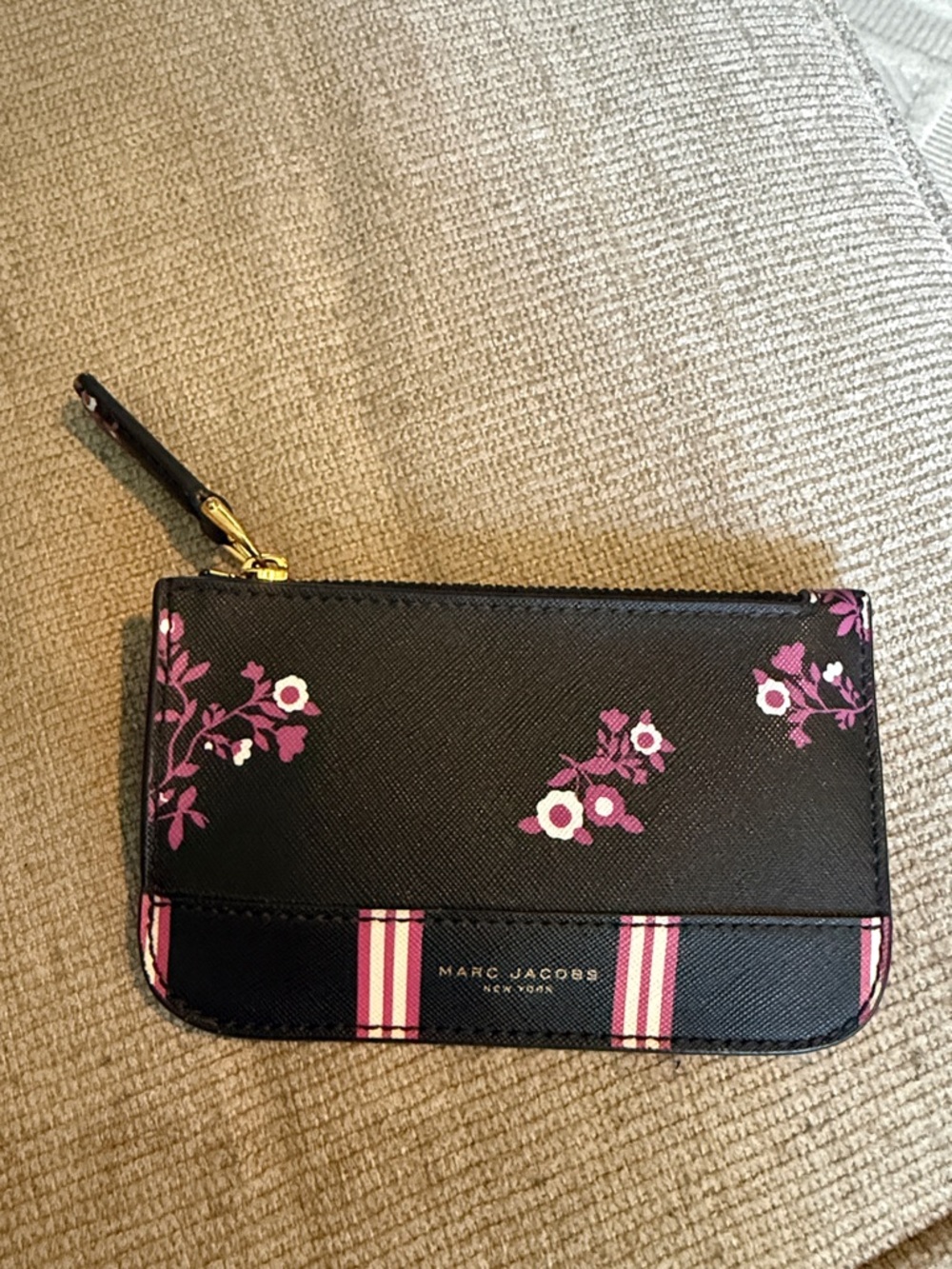 Marc Jacobs Black Card Case with Pink Floral Print and Striped Accent